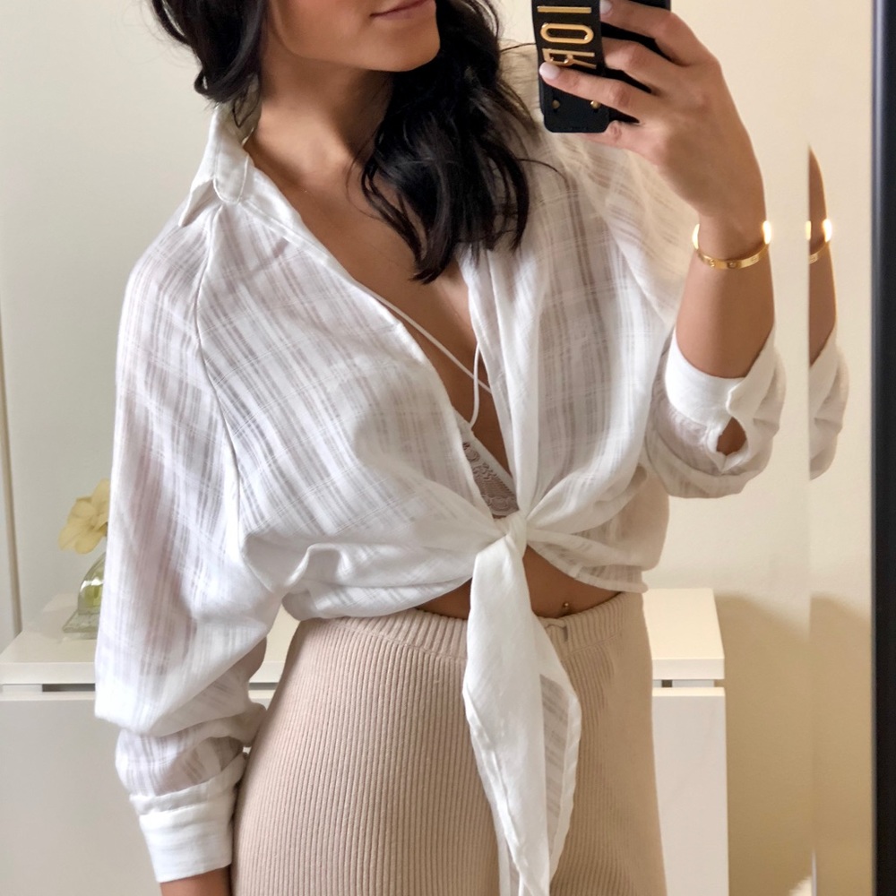 Last ☝🏼• TIE ME UP “White” Relaxed LS Blouse - Picture 5 of 8